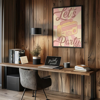 Let’s Party 80s Radio Poster Painting available online at Paintroad showing 80s nostalgia artistic and bar area