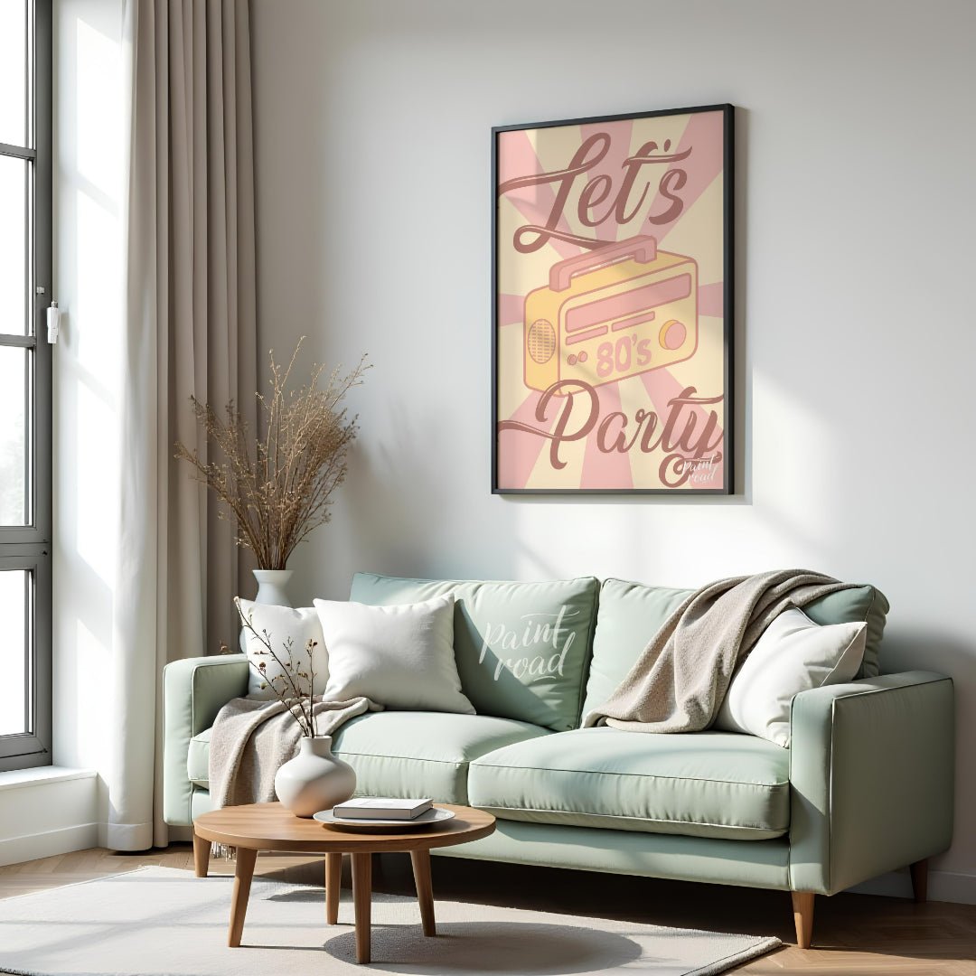 Let’s Party 80s Radio Poster Painting available online at Paintroad showing 80s nostalgia artistic and bar area