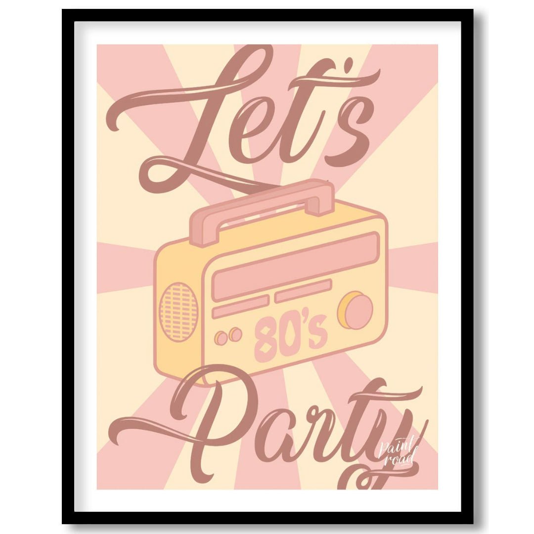 Let’s Party 80s Radio Poster Painting available online at Paintroad showing 80s nostalgia artistic and bar area