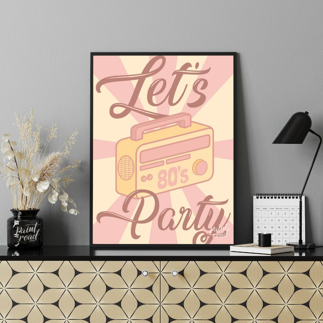 Let’s Party 80s Radio Poster Painting available online at Paintroad showing 80s nostalgia artistic and bar area