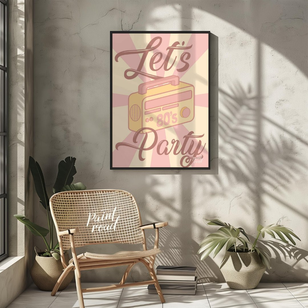 Let’s Party 80s Radio Poster Painting available online at Paintroad showing 80s nostalgia artistic and bar area