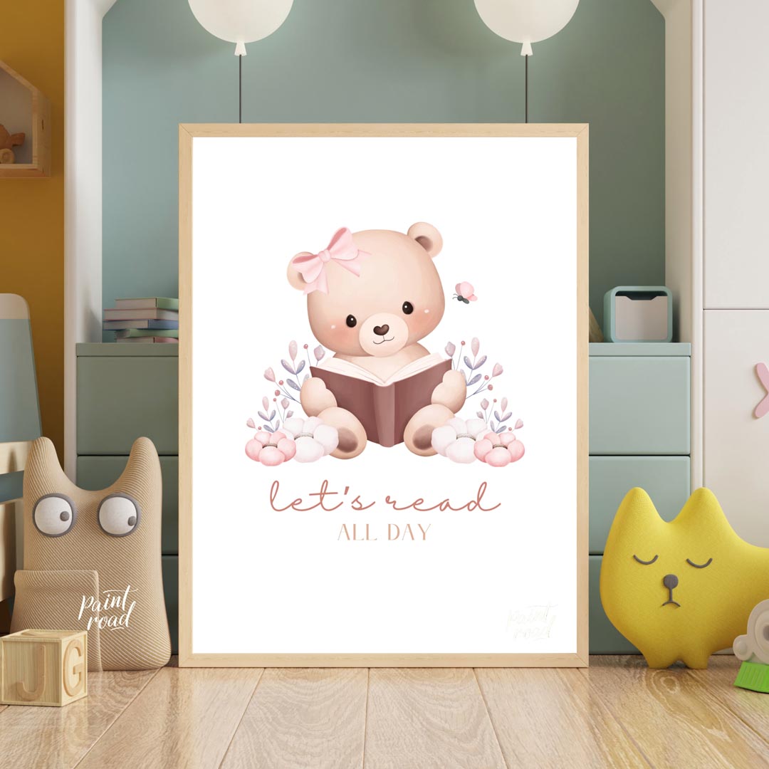 This enchanting watercolor illustration features an adorable light brown teddy bear with a sweet pi… for nursery