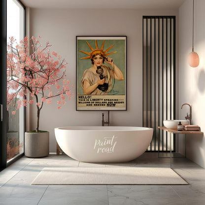 This striking poster declares "HELLO! THIS IS LIBERTY SPEAKING" in bold, attention-grabbing typogra… for bathroom
