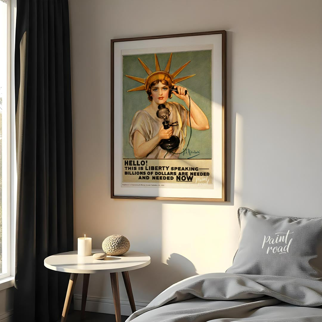 This striking poster declares "HELLO! THIS IS LIBERTY SPEAKING" in bold, attention-grabbing typogra… for bedroom