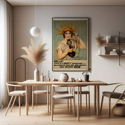 This striking poster declares "HELLO! THIS IS LIBERTY SPEAKING" in bold, attention-grabbing typogra… for dining room
