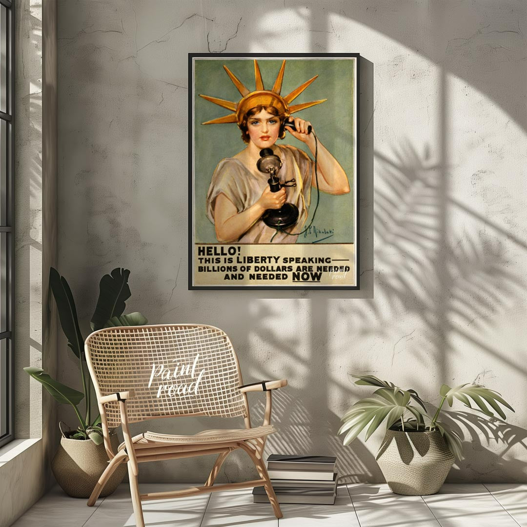 This striking poster declares "HELLO! THIS IS LIBERTY SPEAKING" in bold, attention-grabbing typogra… for living room