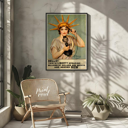 This striking poster declares "HELLO! THIS IS LIBERTY SPEAKING" in bold, attention-grabbing typogra… for living room
