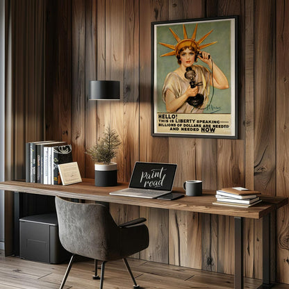 This striking poster declares "HELLO! THIS IS LIBERTY SPEAKING" in bold, attention-grabbing typogra… for office