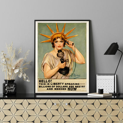 This striking poster declares "HELLO! THIS IS LIBERTY SPEAKING" in bold, attention-grabbing typogra… for office