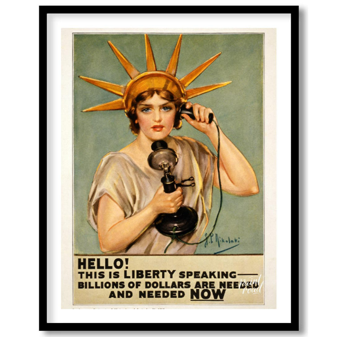 This striking poster declares "HELLO! THIS IS LIBERTY SPEAKING" in bold, attention-grabbing typogra… for room