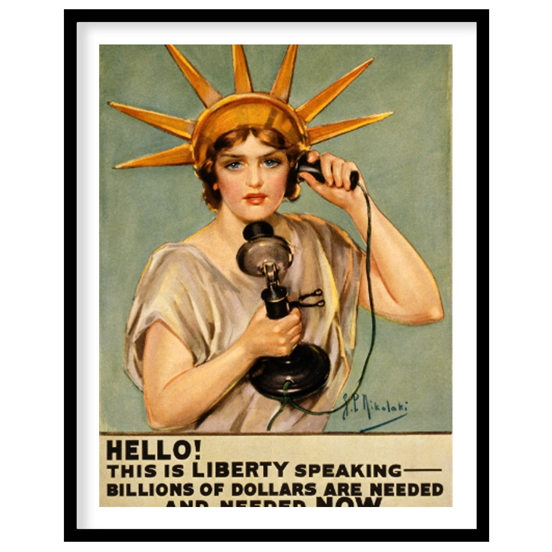 This striking poster declares "HELLO! THIS IS LIBERTY SPEAKING" in bold, attention-grabbing typogra… for room
