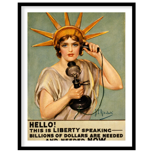 This striking poster declares "HELLO! THIS IS LIBERTY SPEAKING" in bold, attention-grabbing typogra… for room