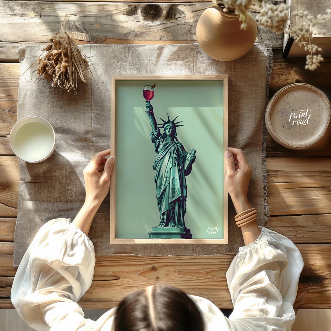 A whimsical illustration depicts the iconic Statue of Liberty raising a glass of a vibrant cocktail… for dining room