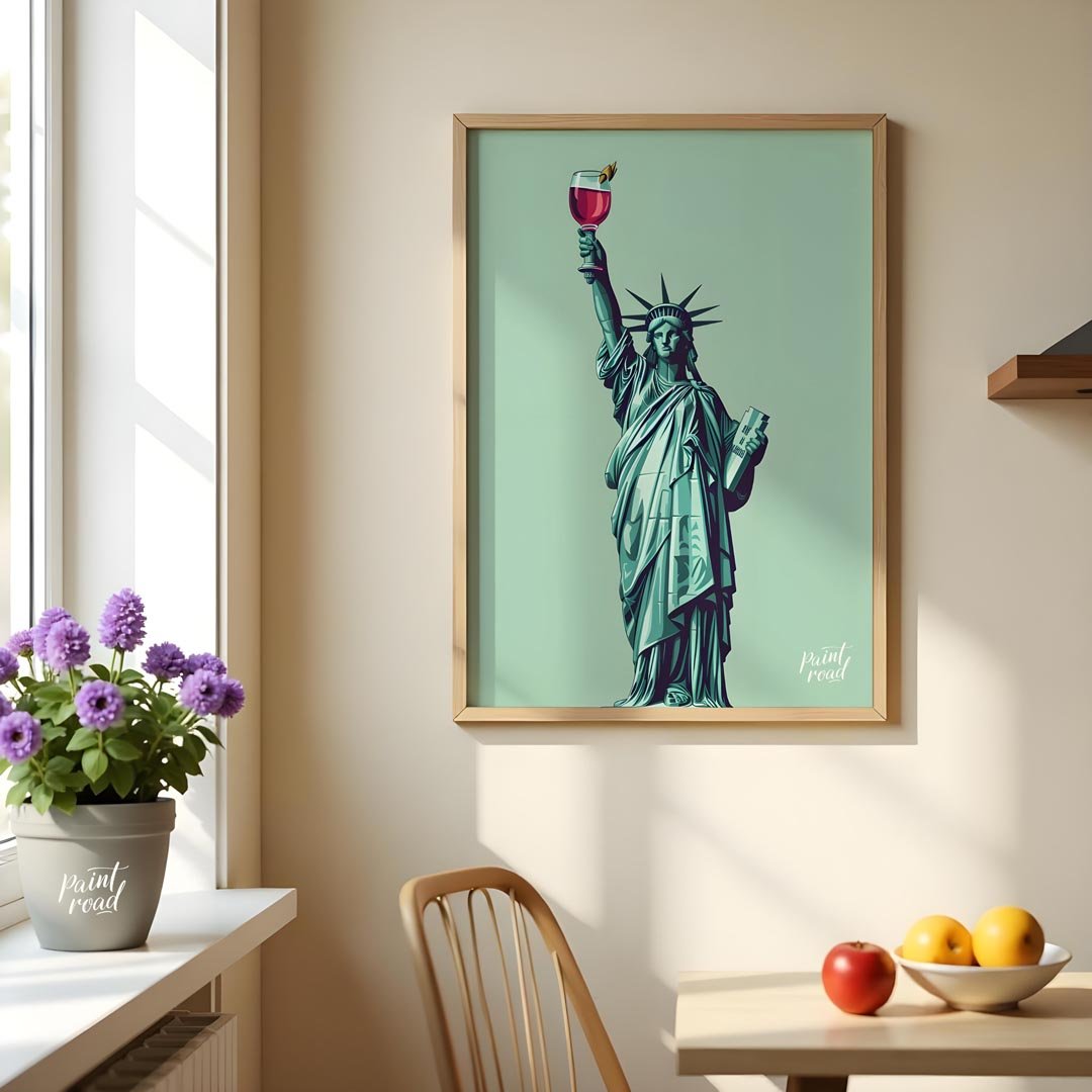 A whimsical illustration depicts the iconic Statue of Liberty raising a glass of a vibrant cocktail… for dining room