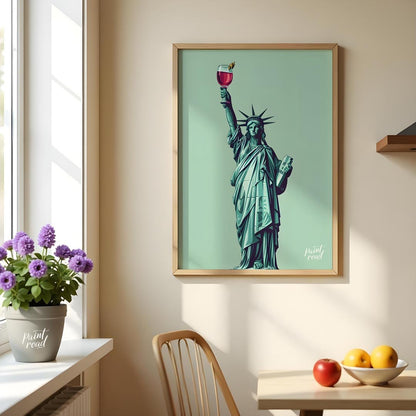 A whimsical illustration depicts the iconic Statue of Liberty raising a glass of a vibrant cocktail… for dining room