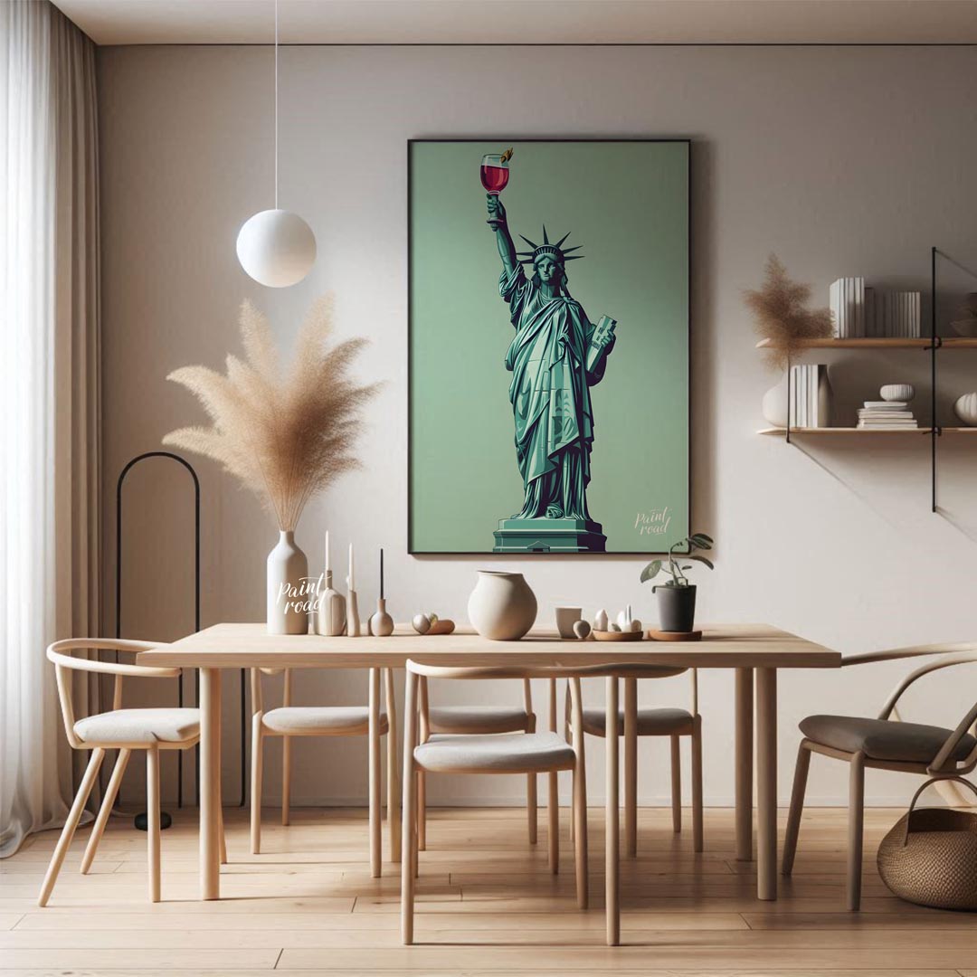 A whimsical illustration depicts the iconic Statue of Liberty raising a glass of a vibrant cocktail… for dining room