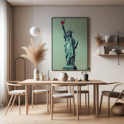 A whimsical illustration depicts the iconic Statue of Liberty raising a glass of a vibrant cocktail… for dining room
