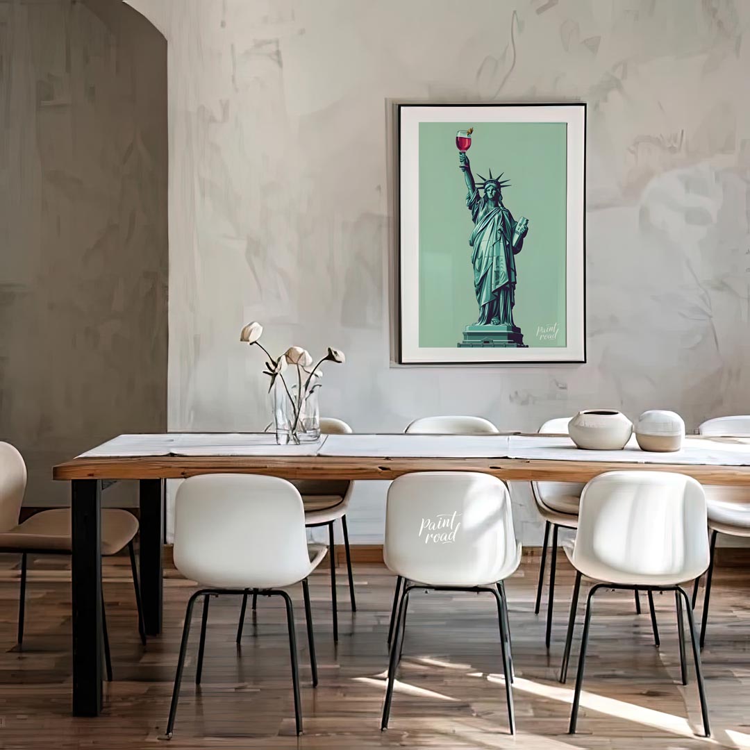 A whimsical illustration depicts the iconic Statue of Liberty raising a glass of a vibrant cocktail… for dining room