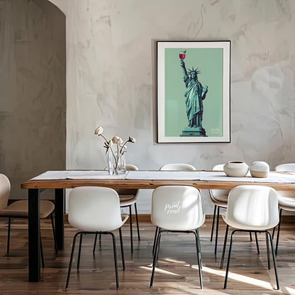 A whimsical illustration depicts the iconic Statue of Liberty raising a glass of a vibrant cocktail… for dining room