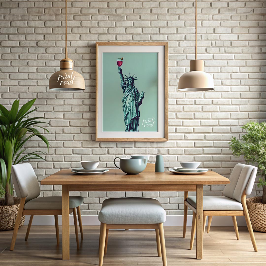 A whimsical illustration depicts the iconic Statue of Liberty raising a glass of a vibrant cocktail… for dining room
