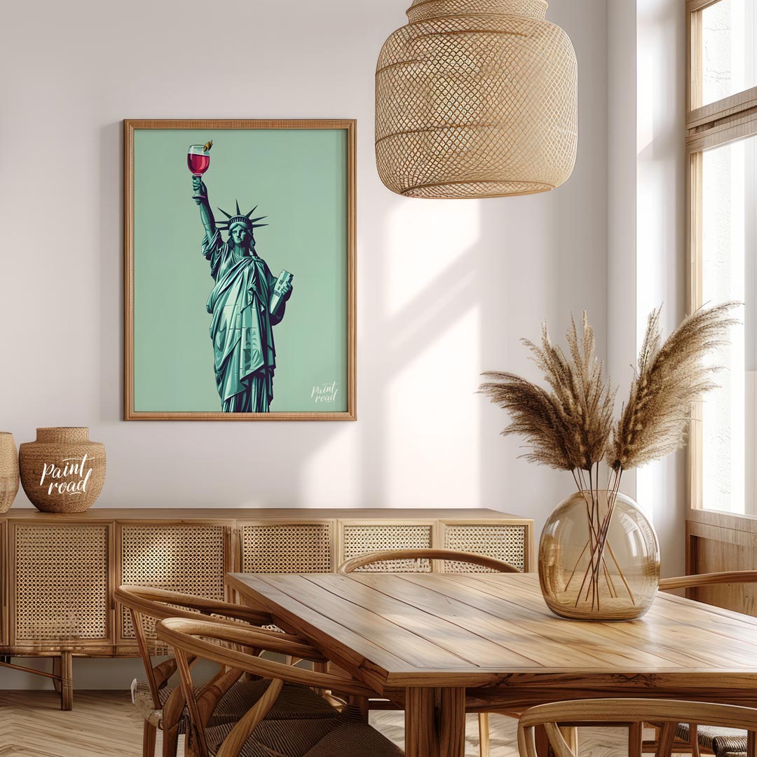 A whimsical illustration depicts the iconic Statue of Liberty raising a glass of a vibrant cocktail… for dining room