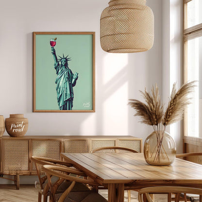 A whimsical illustration depicts the iconic Statue of Liberty raising a glass of a vibrant cocktail… for dining room