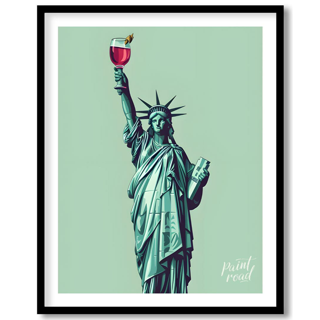 A whimsical illustration depicts the iconic Statue of Liberty raising a glass of a vibrant cocktail… for home