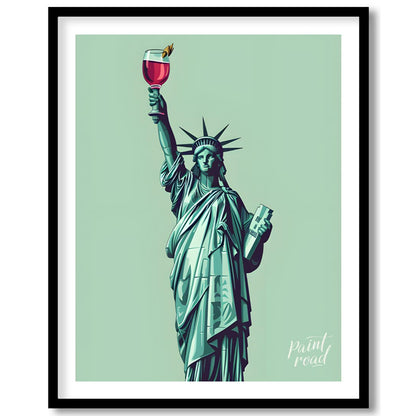 A whimsical illustration depicts the iconic Statue of Liberty raising a glass of a vibrant cocktail… for home