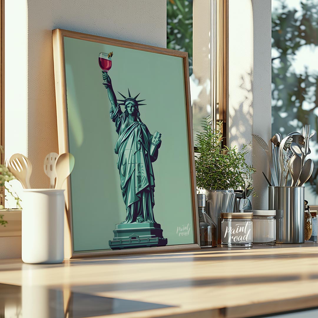 A whimsical illustration depicts the iconic Statue of Liberty raising a glass of a vibrant cocktail… for kitchen