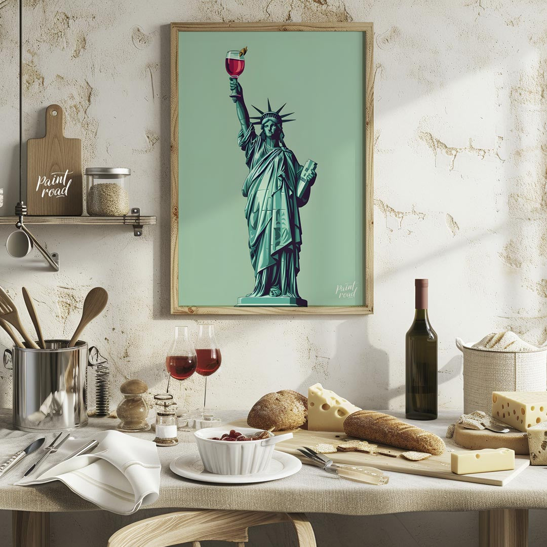 A whimsical illustration depicts the iconic Statue of Liberty raising a glass of a vibrant cocktail… for kitchen