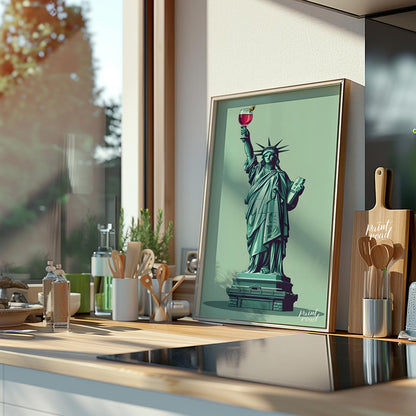 A whimsical illustration depicts the iconic Statue of Liberty raising a glass of a vibrant cocktail… for kitchen