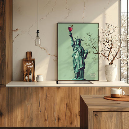 A whimsical illustration depicts the iconic Statue of Liberty raising a glass of a vibrant cocktail… for kitchen