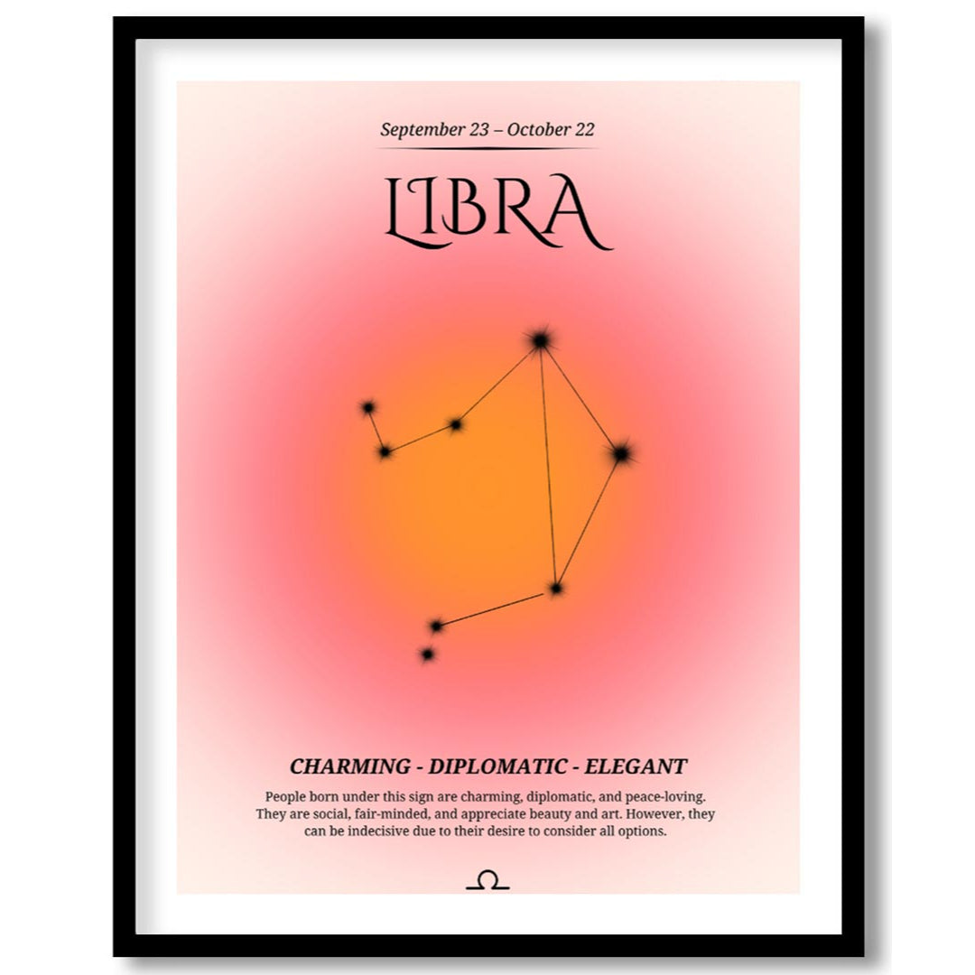 This Libra zodiac sign poster beautifully showcases the essence of individuals born between Septemb… for area