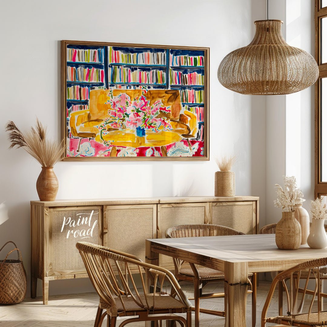 "Library Bloom" presents a vibrant interior scene featuring a bouquet of flowers on a table, set ag… for dining room