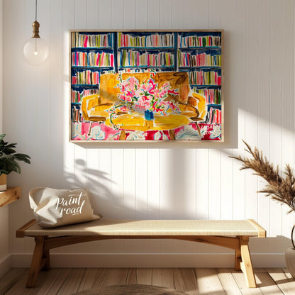 "Library Bloom" presents a vibrant interior scene featuring a bouquet of flowers on a table, set ag… for entryway