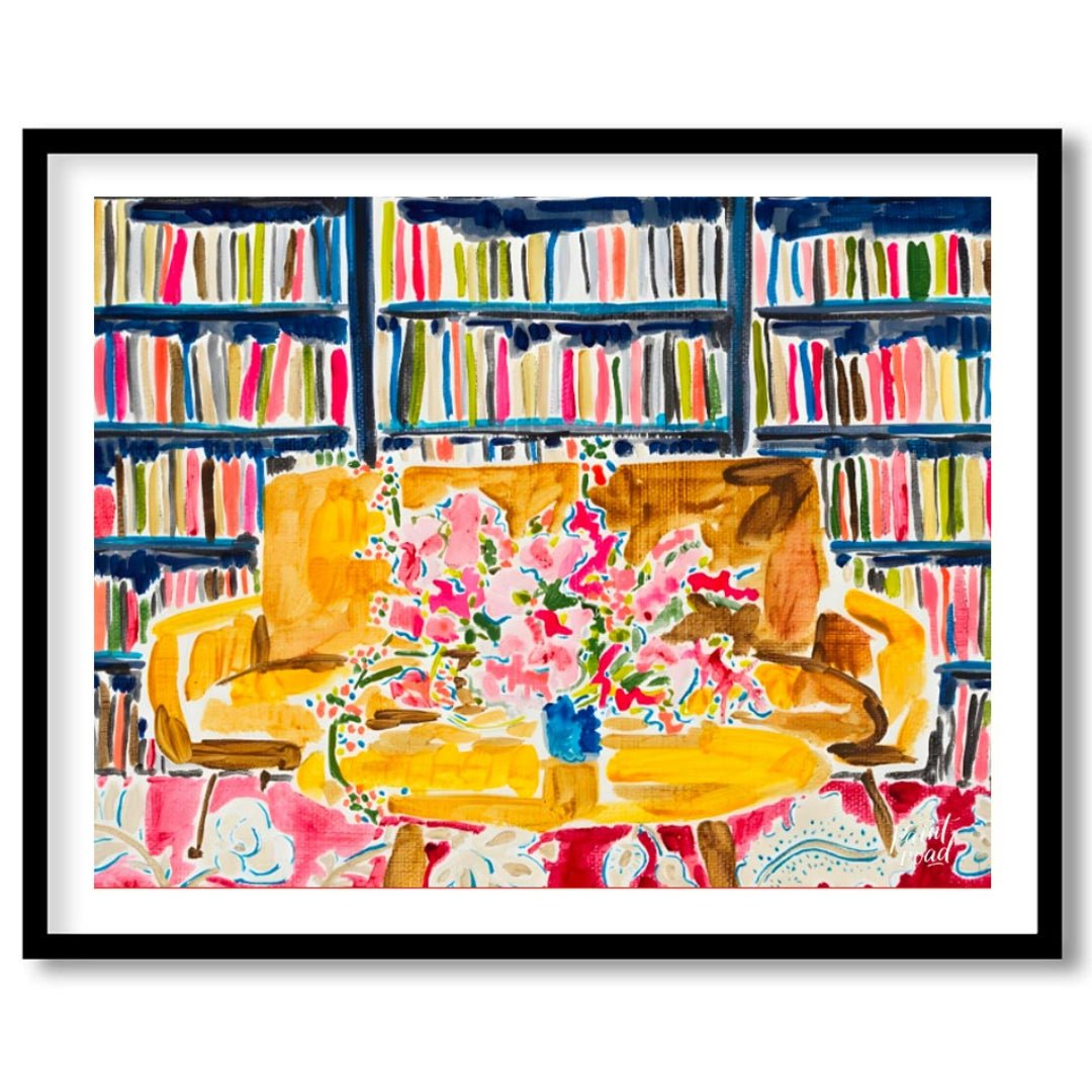 "Library Bloom" presents a vibrant interior scene featuring a bouquet of flowers on a table, set ag… for house