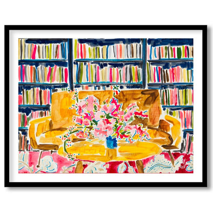 "Library Bloom" presents a vibrant interior scene featuring a bouquet of flowers on a table, set ag… for house