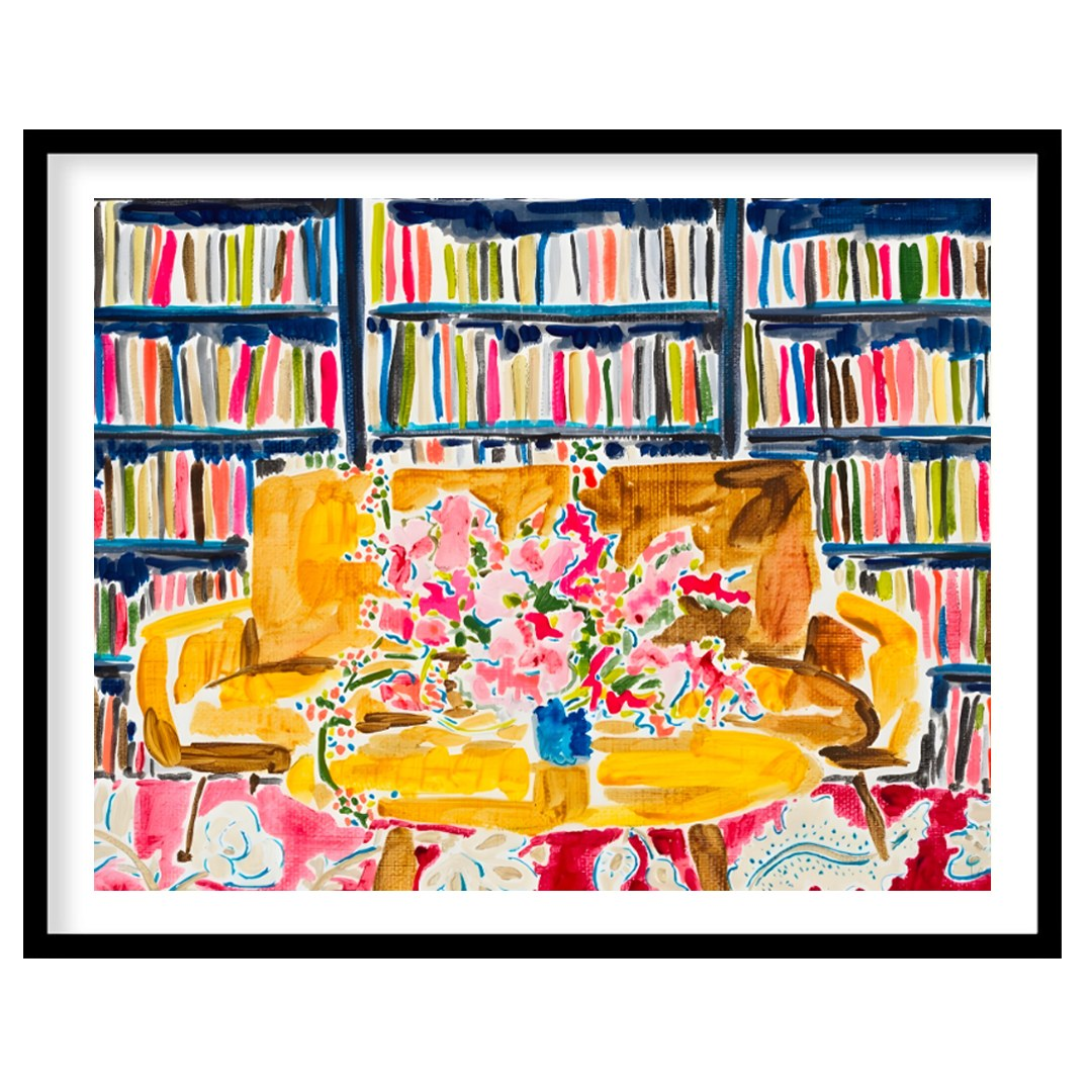 "Library Bloom" presents a vibrant interior scene featuring a bouquet of flowers on a table, set ag… for house