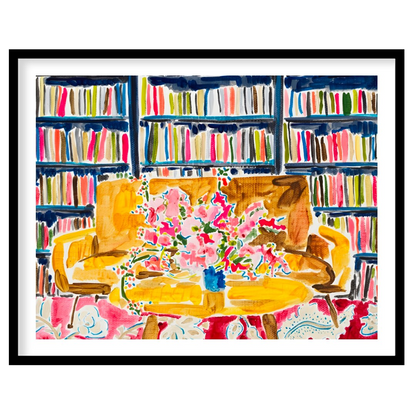 "Library Bloom" presents a vibrant interior scene featuring a bouquet of flowers on a table, set ag… for house