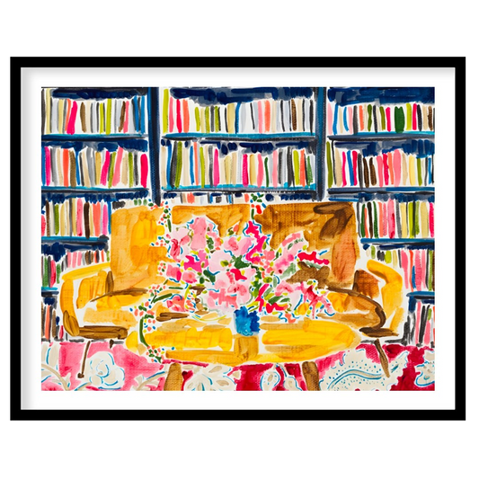 "Library Bloom" presents a vibrant interior scene featuring a bouquet of flowers on a table, set ag… for house