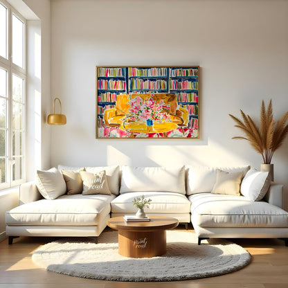 "Library Bloom" presents a vibrant interior scene featuring a bouquet of flowers on a table, set ag… for living room