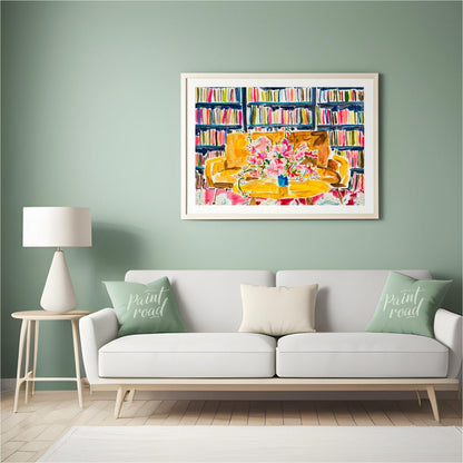 "Library Bloom" presents a vibrant interior scene featuring a bouquet of flowers on a table, set ag… for living room