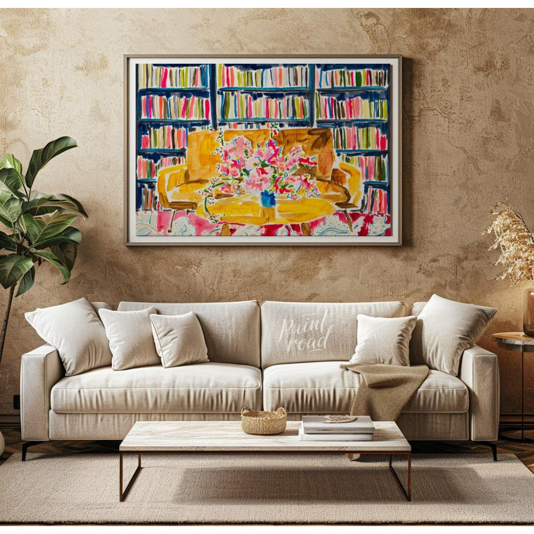 "Library Bloom" presents a vibrant interior scene featuring a bouquet of flowers on a table, set ag… for living room