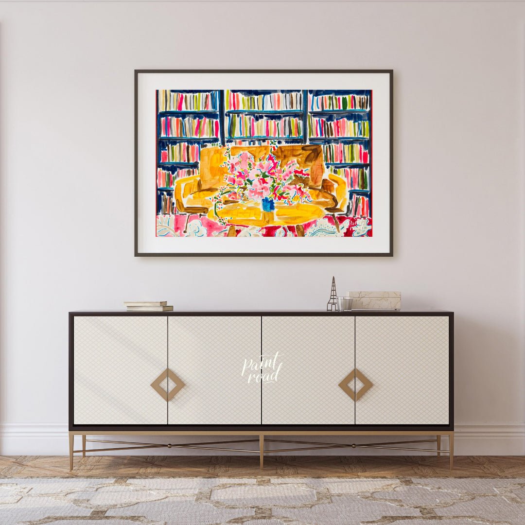 "Library Bloom" presents a vibrant interior scene featuring a bouquet of flowers on a table, set ag… for living room