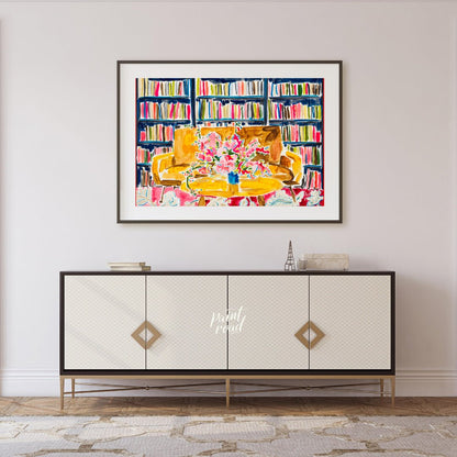 "Library Bloom" presents a vibrant interior scene featuring a bouquet of flowers on a table, set ag… for living room