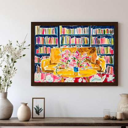 "Library Bloom" presents a vibrant interior scene featuring a bouquet of flowers on a table, set ag… for living room
