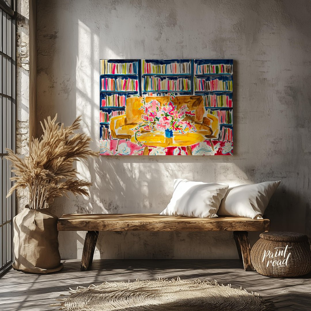 "Library Bloom" presents a vibrant interior scene featuring a bouquet of flowers on a table, set ag… for living room