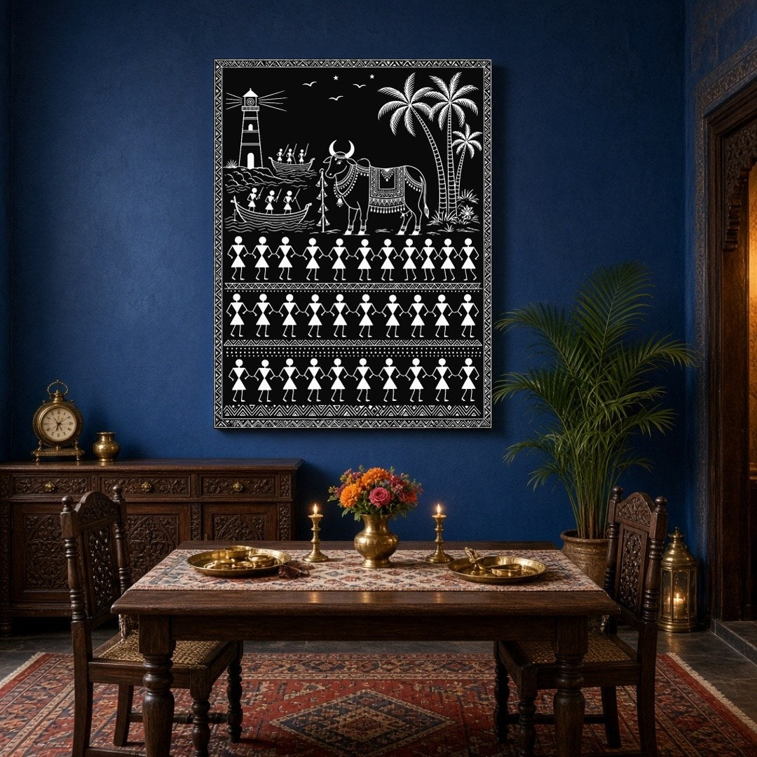 This captivating Warli art piece brings to life the harmonious blend of coastal life and tradition. for Dining