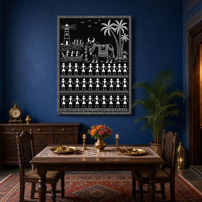 This captivating Warli art piece brings to life the harmonious blend of coastal life and tradition. for Dining