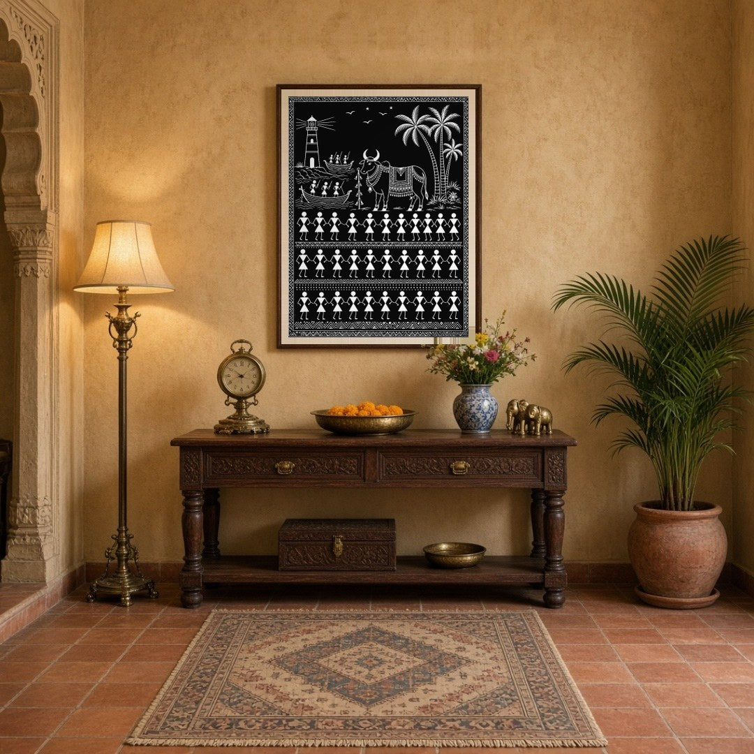 This captivating Warli art piece brings to life the harmonious blend of coastal life and tradition. for Entrance